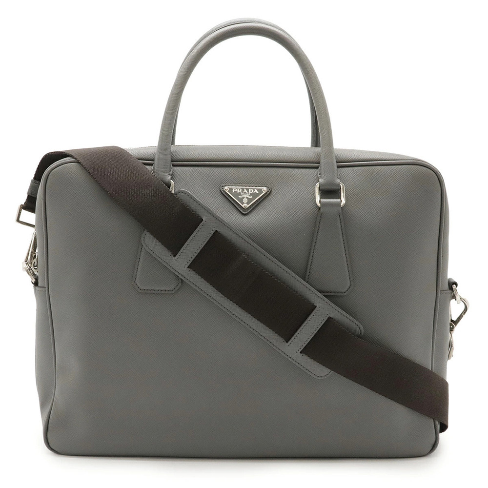 Prada Triangle Saffiano Briefcase Business Bag Leather Gray